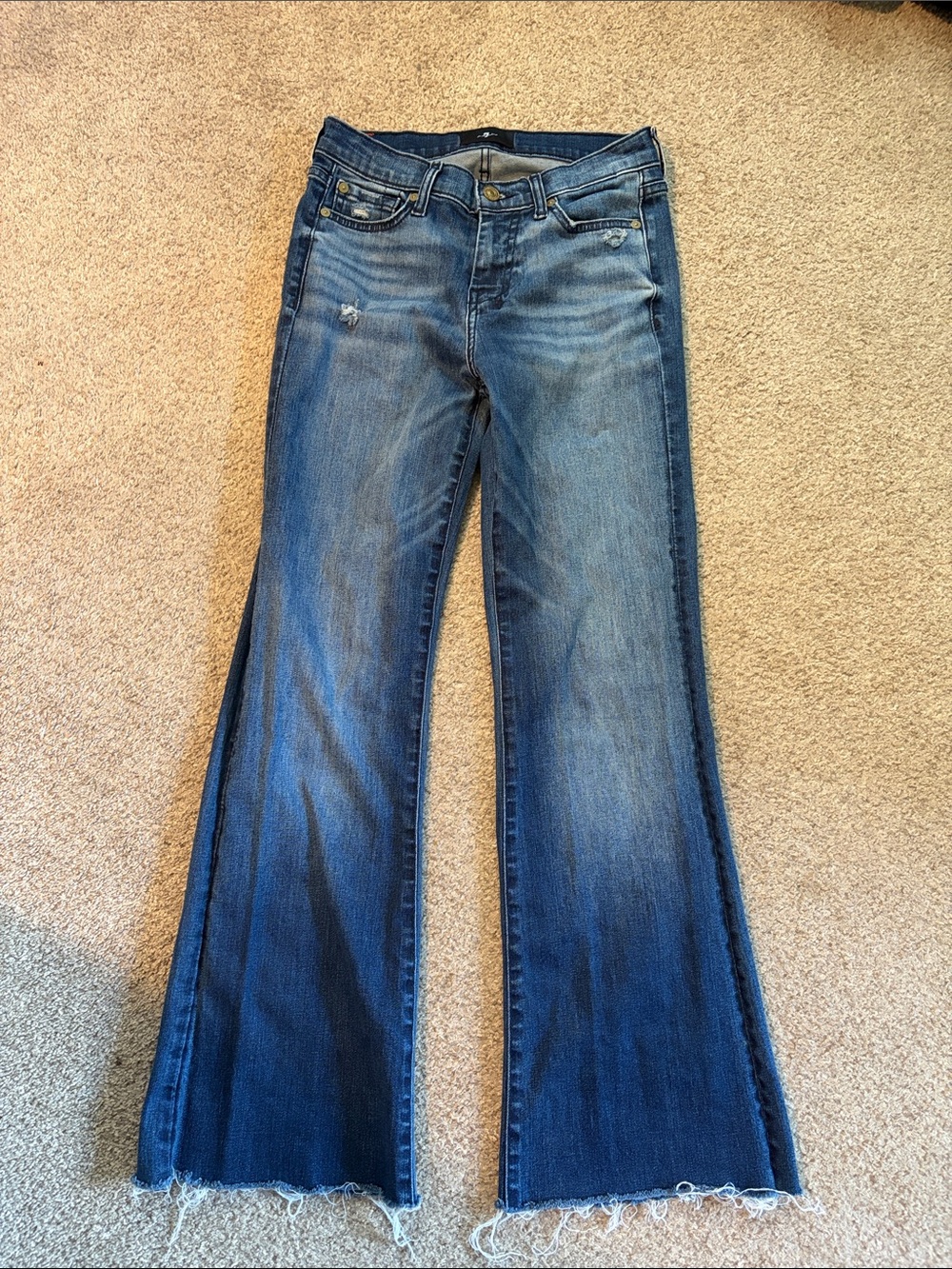 7 For All Mankind Women's Flare Jeans in Medium Blue Wash with Raw Hem